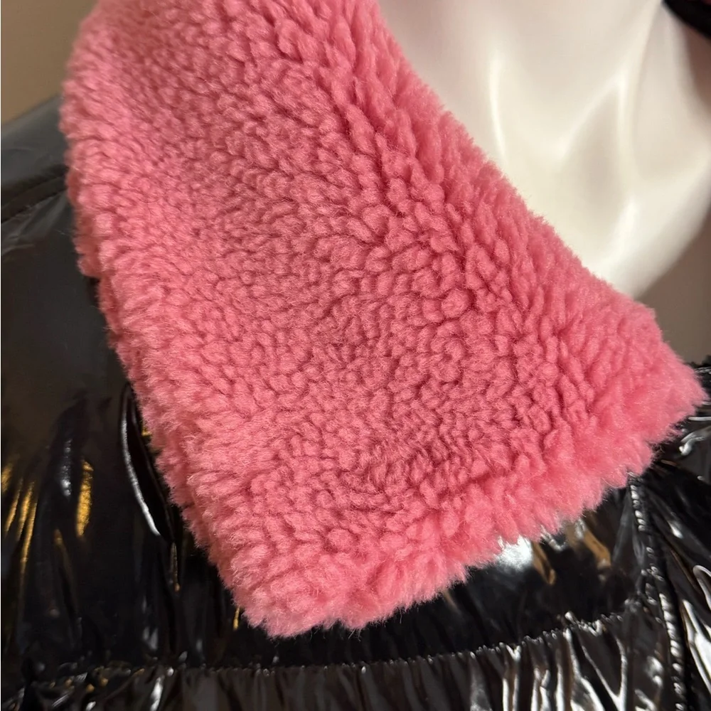 Glossy Black Puffer Jacket with Pink Accents - Picture 2 of 4